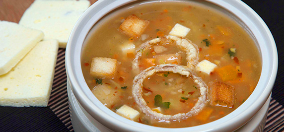 French Onion Soup with Maggi Vegetable Soup Mix Topped with Croutons and Onions