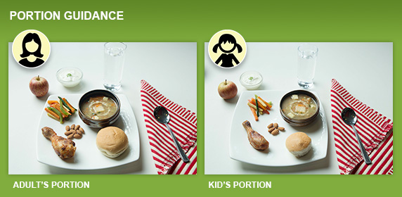 Balanced meal portion comparison adult vs child with soup vegetables bread and protein