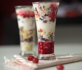 Layered dessert parfait served in glass