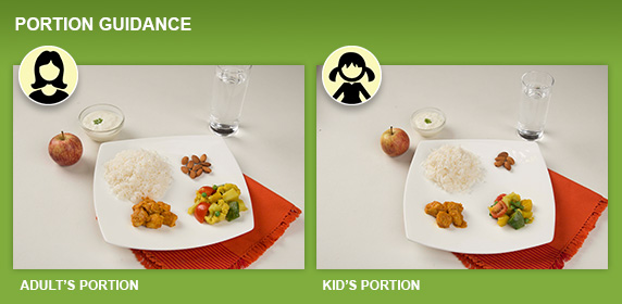 Adult and kid meal portion size with rice vegetables and chicken