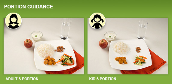 Balanced meal portion size for adults and kids with rice and vegetables